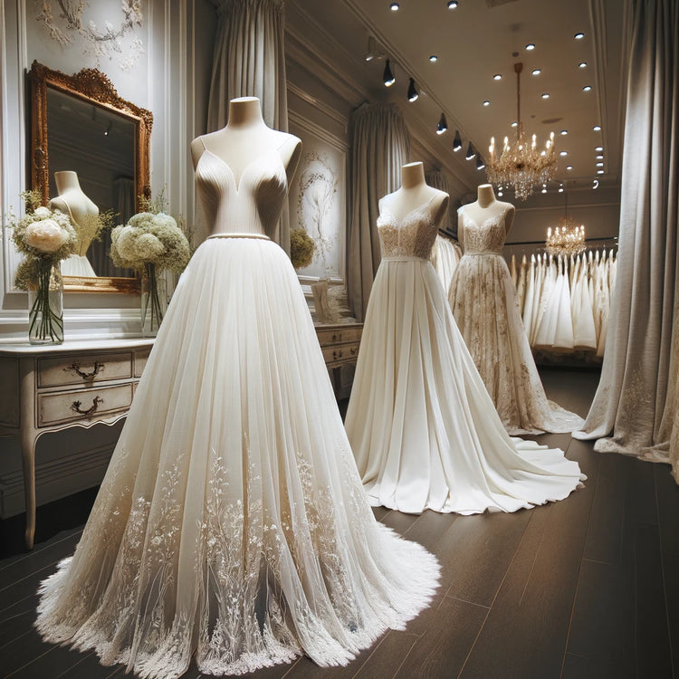 Elegant empire wedding dresses with chiffon, floral embroidery, and beadwork in a serene bridal boutique setting