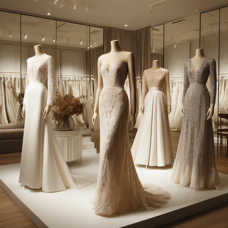 High-end bridal shop displaying sheath wedding dresses with high neckline, lace overlay, and sequin adornments