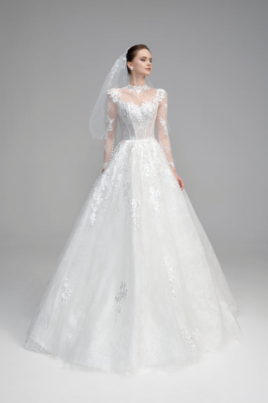 White wedding dress with lace details on a gray background