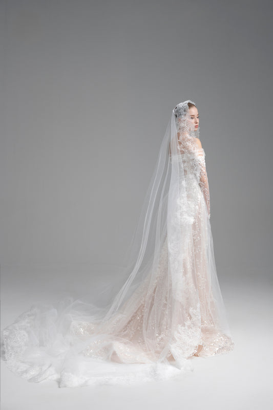 Bride in a white wedding dress with a long veil against a gray background