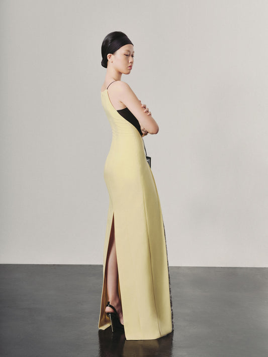 Woman wearing a long yellow dress with a black top against a plain background