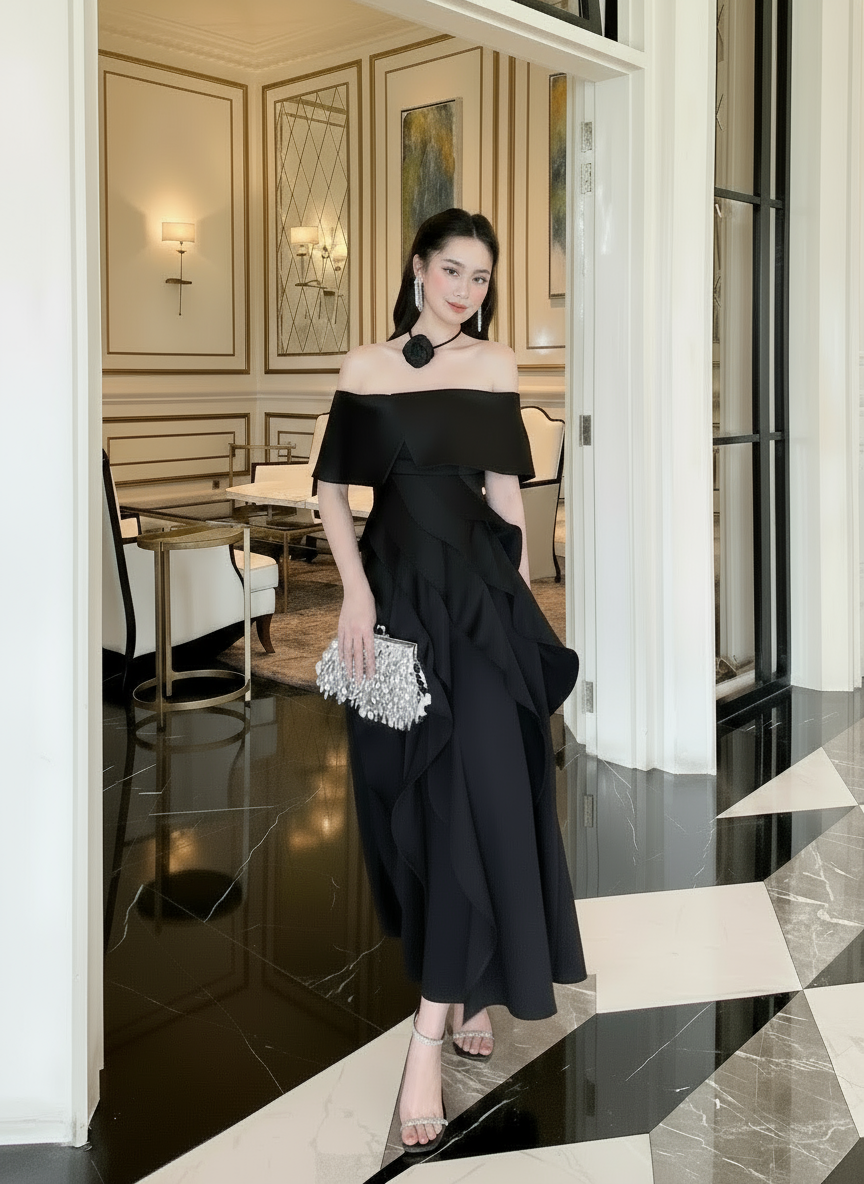 Close-Up of Black Off-Shoulder Ruffled Skirt Dress Showing Ruffle Details