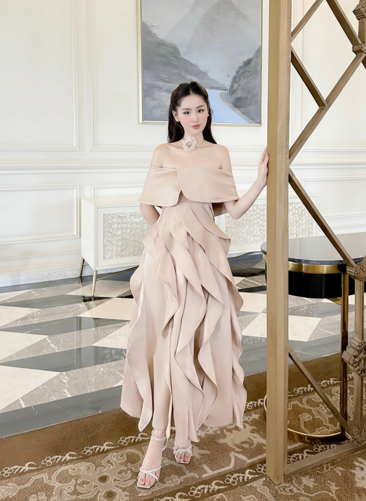 Full View of Nude Off-Shoulder Ruffled Skirt Dress Highlighting Design