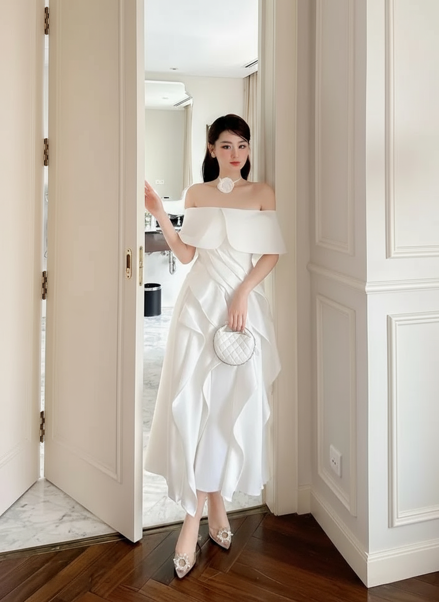 View of White Off-Shoulder Ruffled Skirt Dress Showing Elegant Flow
