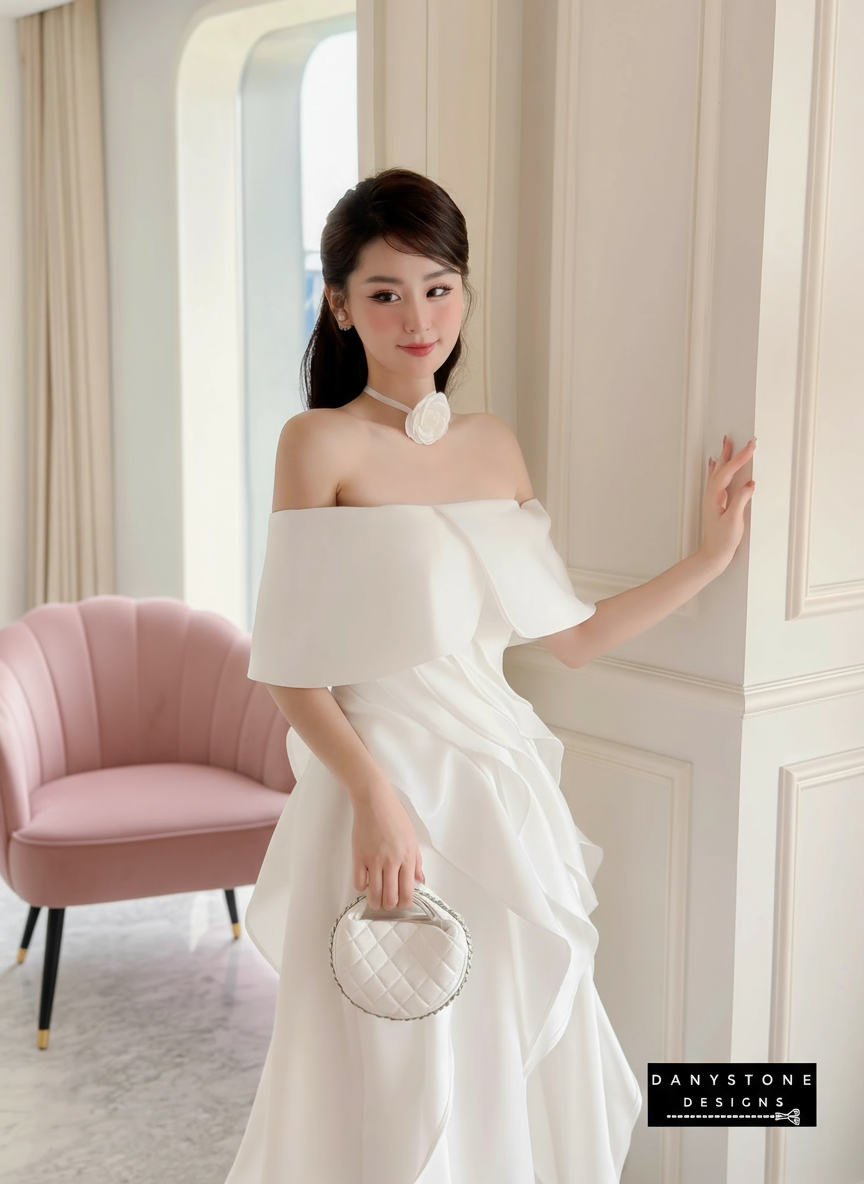 Model Wearing white Off-Shoulder Ruffled Skirt Dress in Luxurious Setting