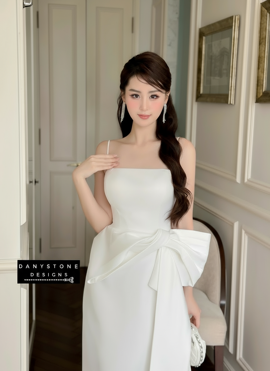 Close-Up of Bow Accent on White 2-Strap Dress Emphasizing Luxurious Fabric