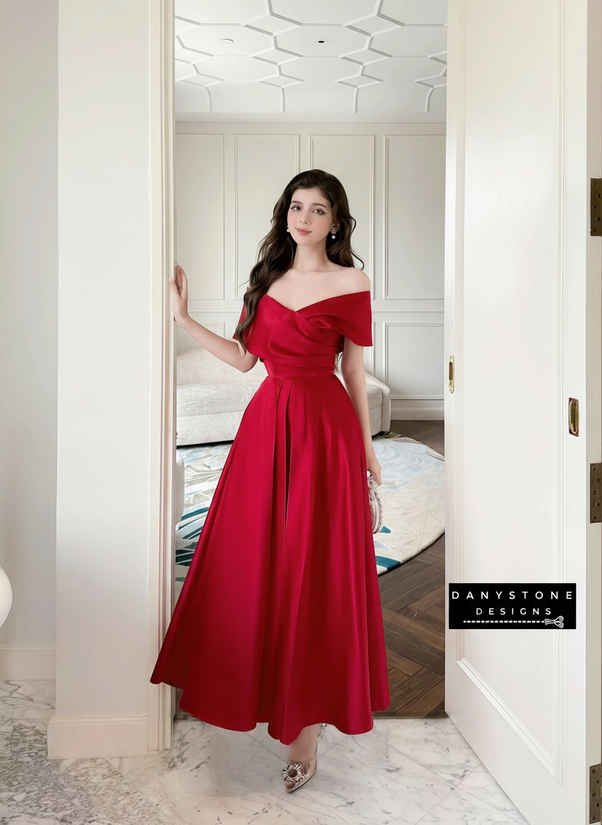 Model in Red Off-Shoulder Party Dress in Luxurious Setting