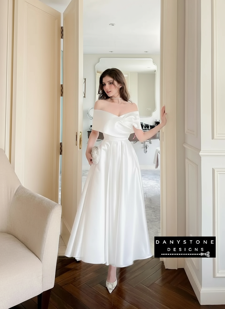 Full View of White Off-Shoulder Party Dress Highlighting A-Line Skirt