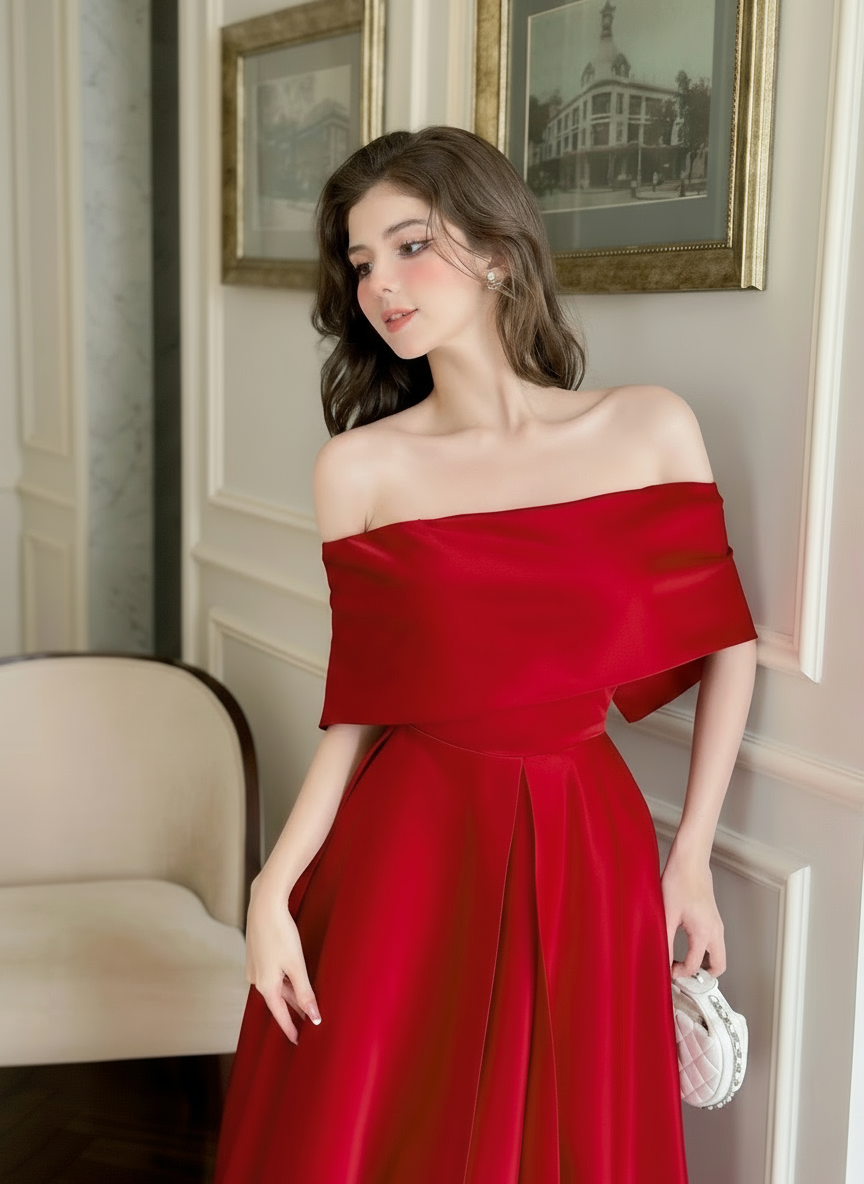 Full View of Red Off-Shoulder Party Dress Highlighting A-Line Skirt