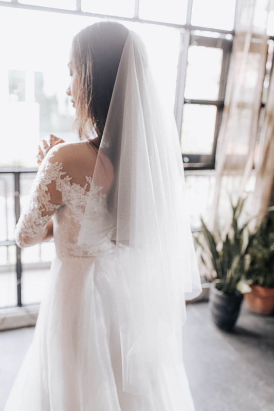 Woman in a white wedding dress with lace detailing and a veil, standing indoors.