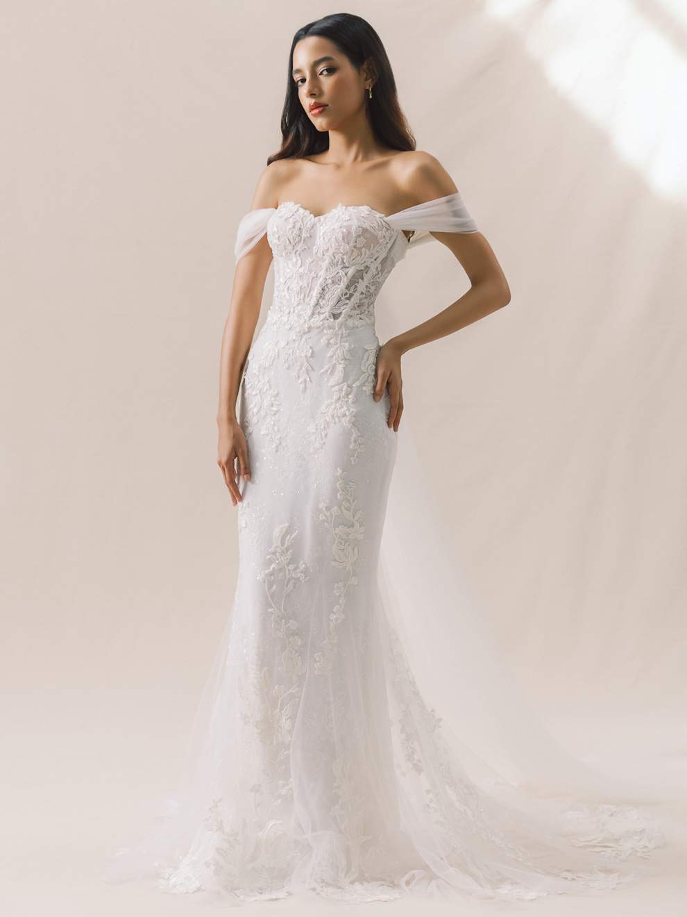 Woman wearing a white lace wedding dress against a plain background