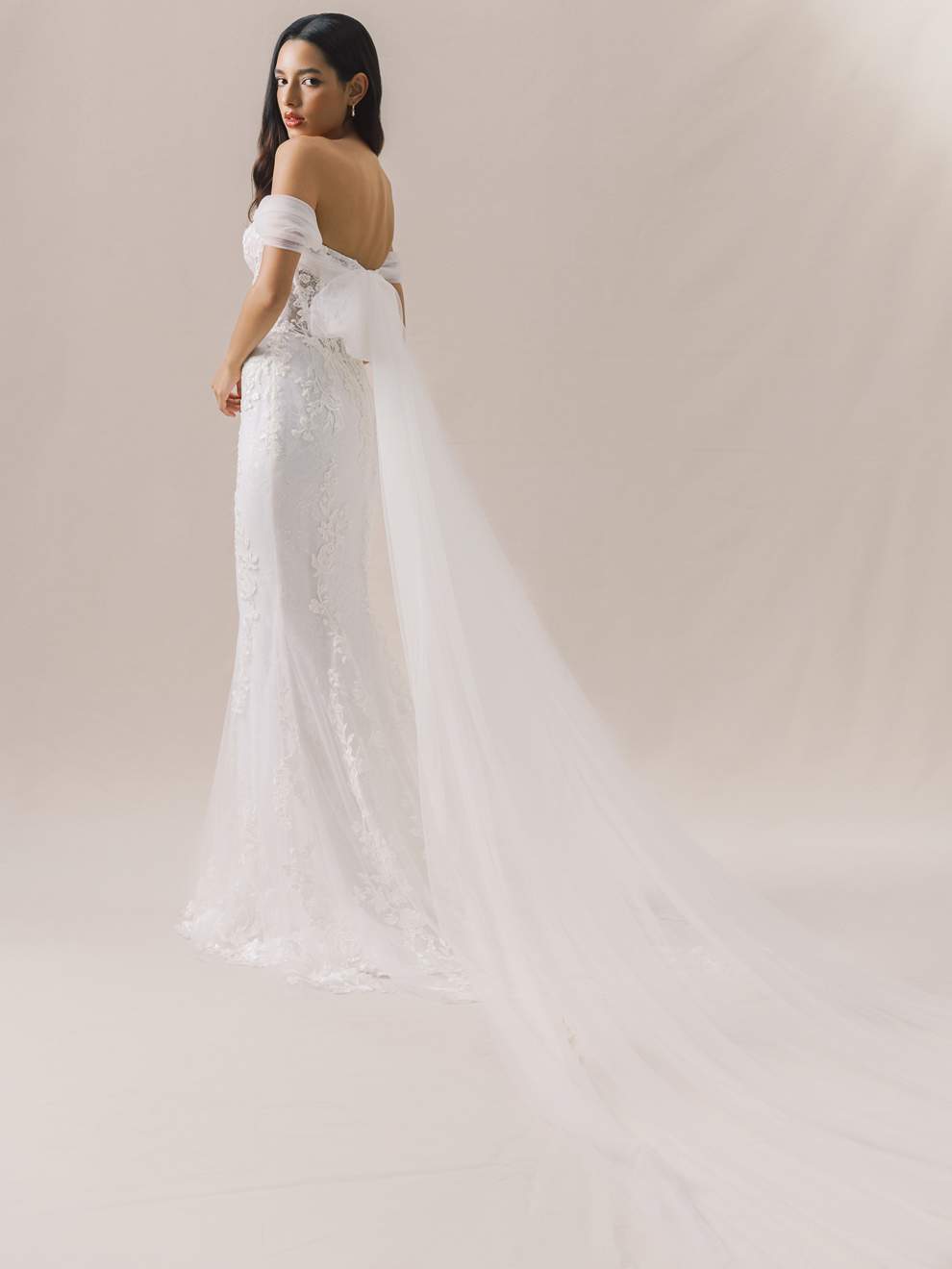 Woman wearing a white wedding dress with a sheer overlay on a beige background