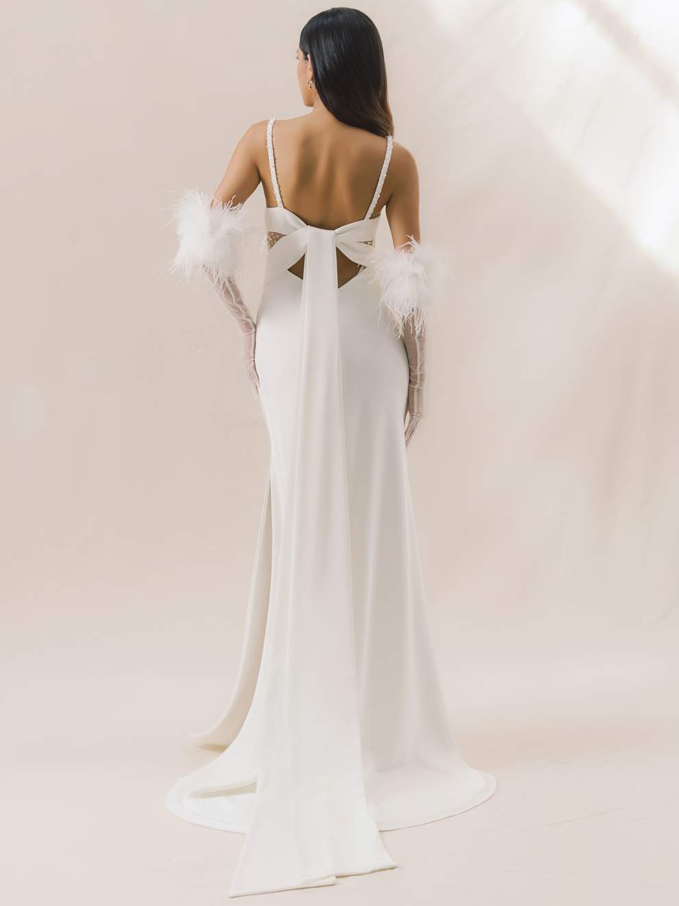 White wedding dress with feathered sleeves on a plain background