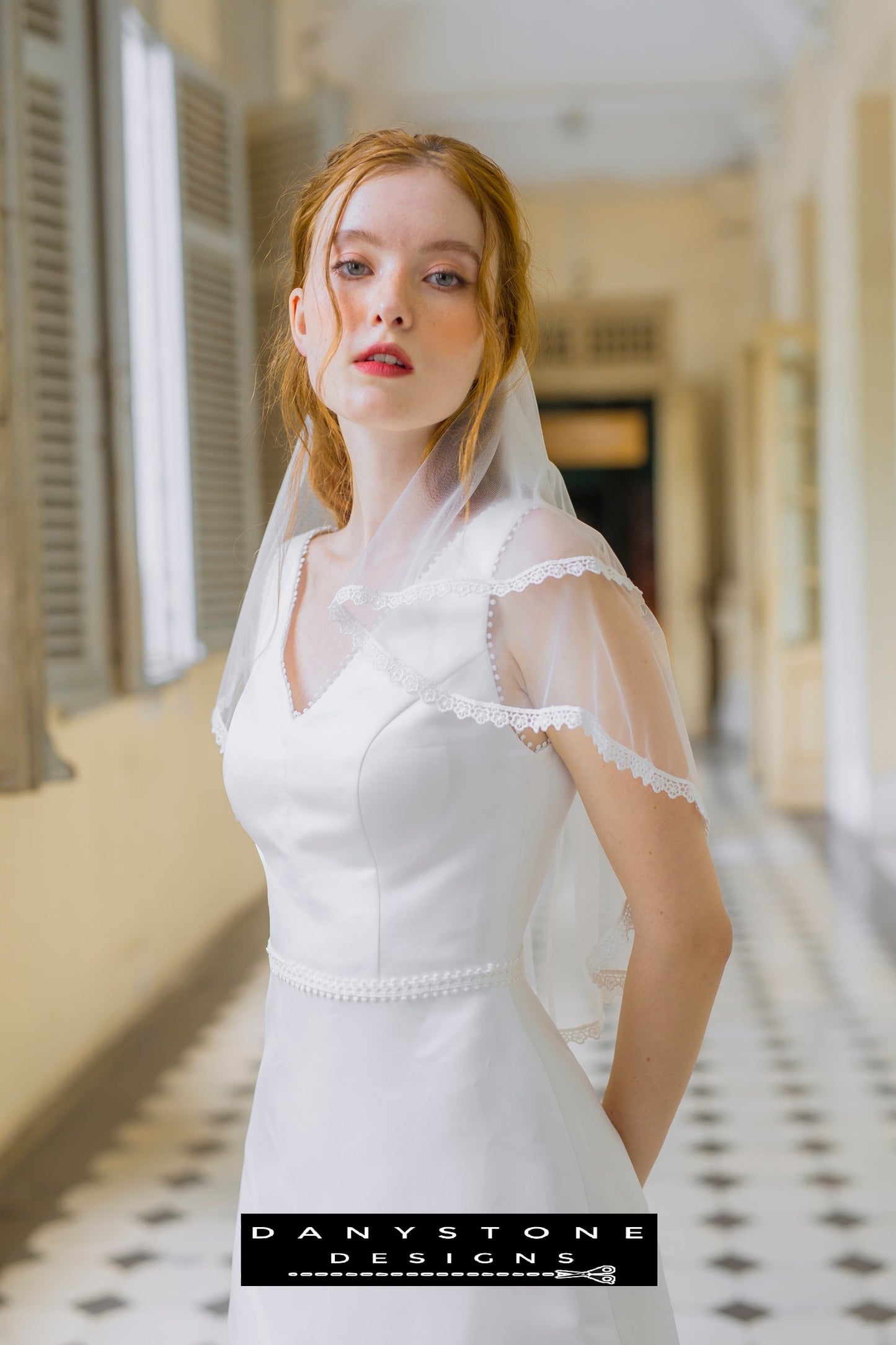 Close-up view of A-Form Satin Wedding Dress with Heart Neckline and Lace Trim