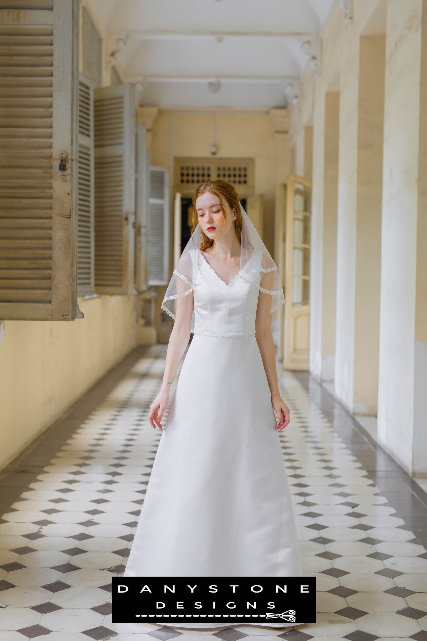 Front view of A-Form Satin Wedding Dress with Heart Neckline and Lace Trim