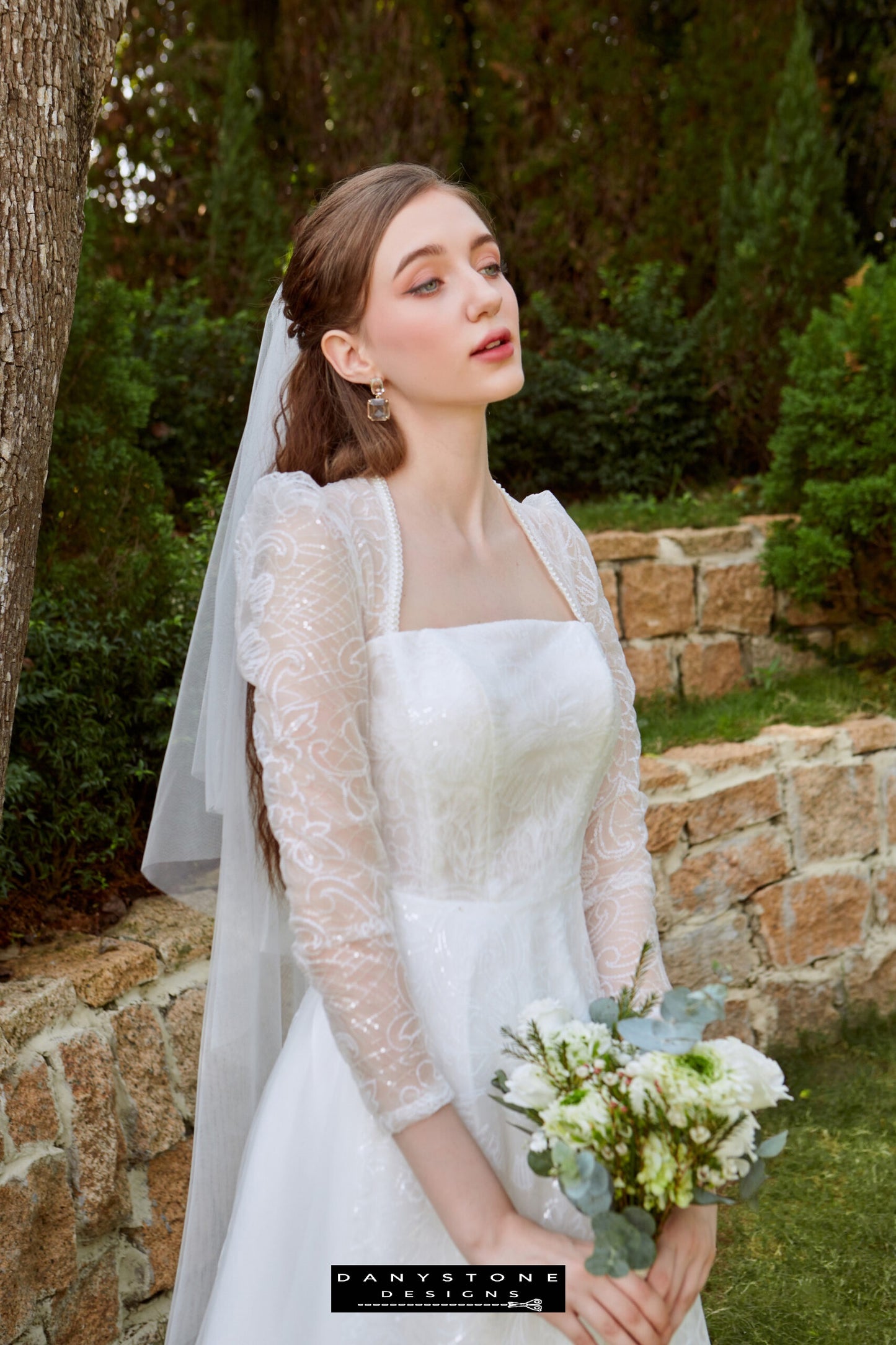 Back View of Cinderella Mesh Long Dress - Model showing the back view of the dress, emphasizing the delicate lace detailing and secure back closure.