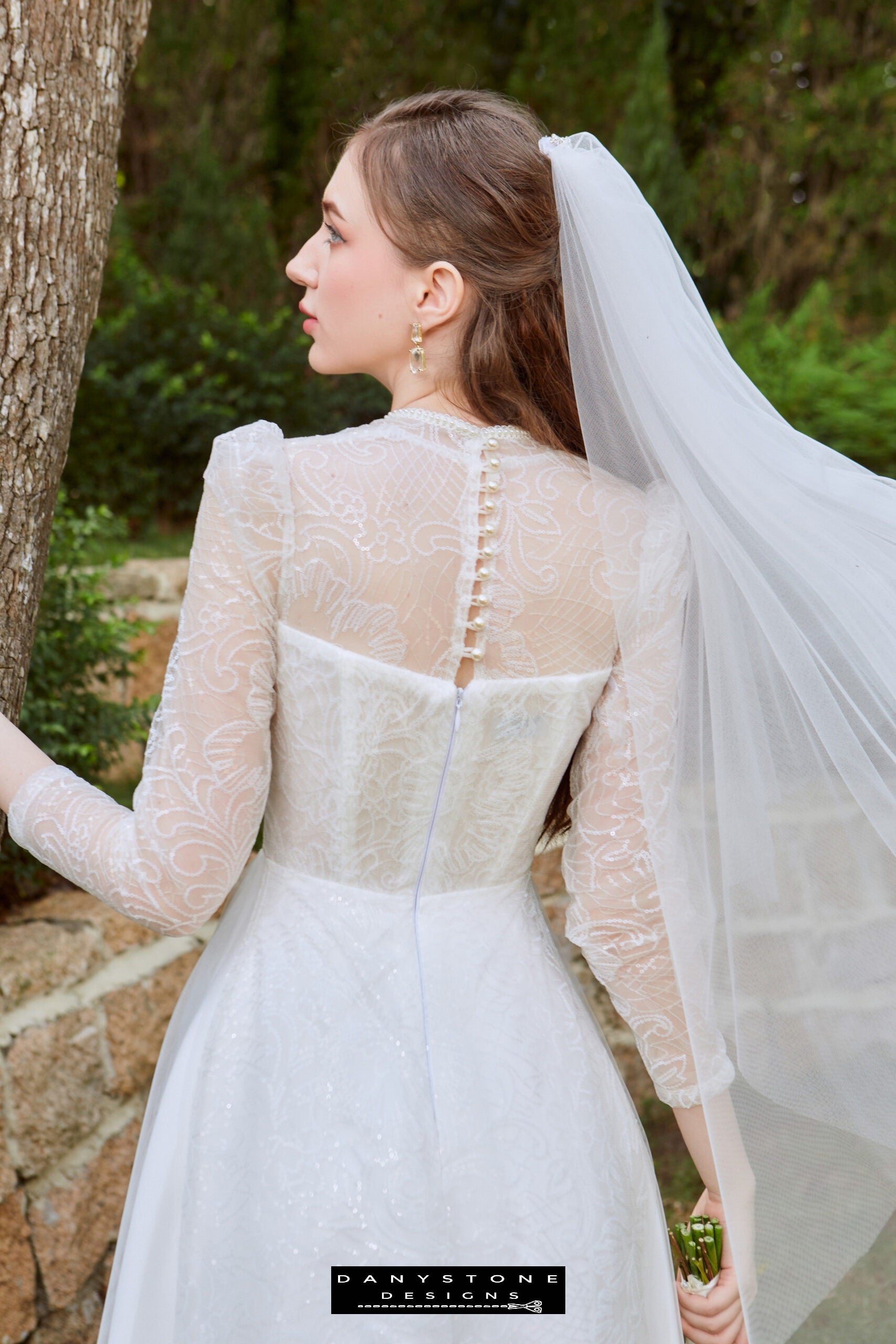 Romantic Cinderella Bridal Gown - Model posing in the Cinderella mesh long dress, exuding elegance and fairytale charm.