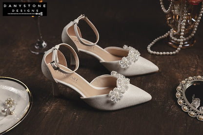 Side view of elegant bridal heels with crystal beaded floral design, perfect for weddings.