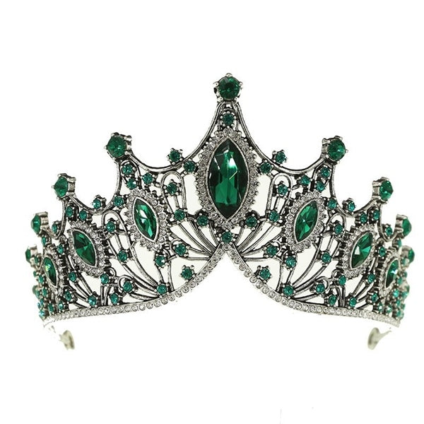 Regal Green Jeweled Bridal Crown with intricate silver-tone design and vibrant crystals.