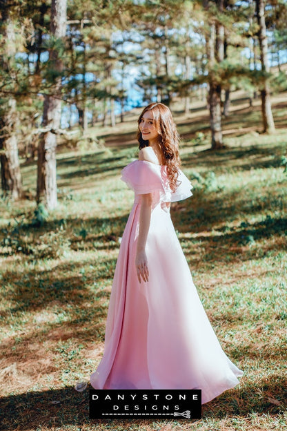 Three-Layer Off-the-Shoulder Pink Silk Chiffon Dress