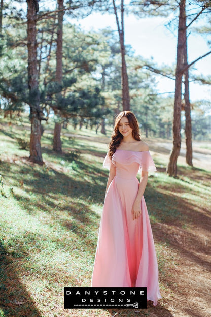 Three-Layer Off-the-Shoulder Pink Silk Chiffon Dress