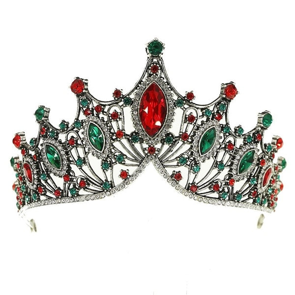 Regal Red & Green Jeweled Bridal Crown with intricate silver-tone design and vibrant crystals.