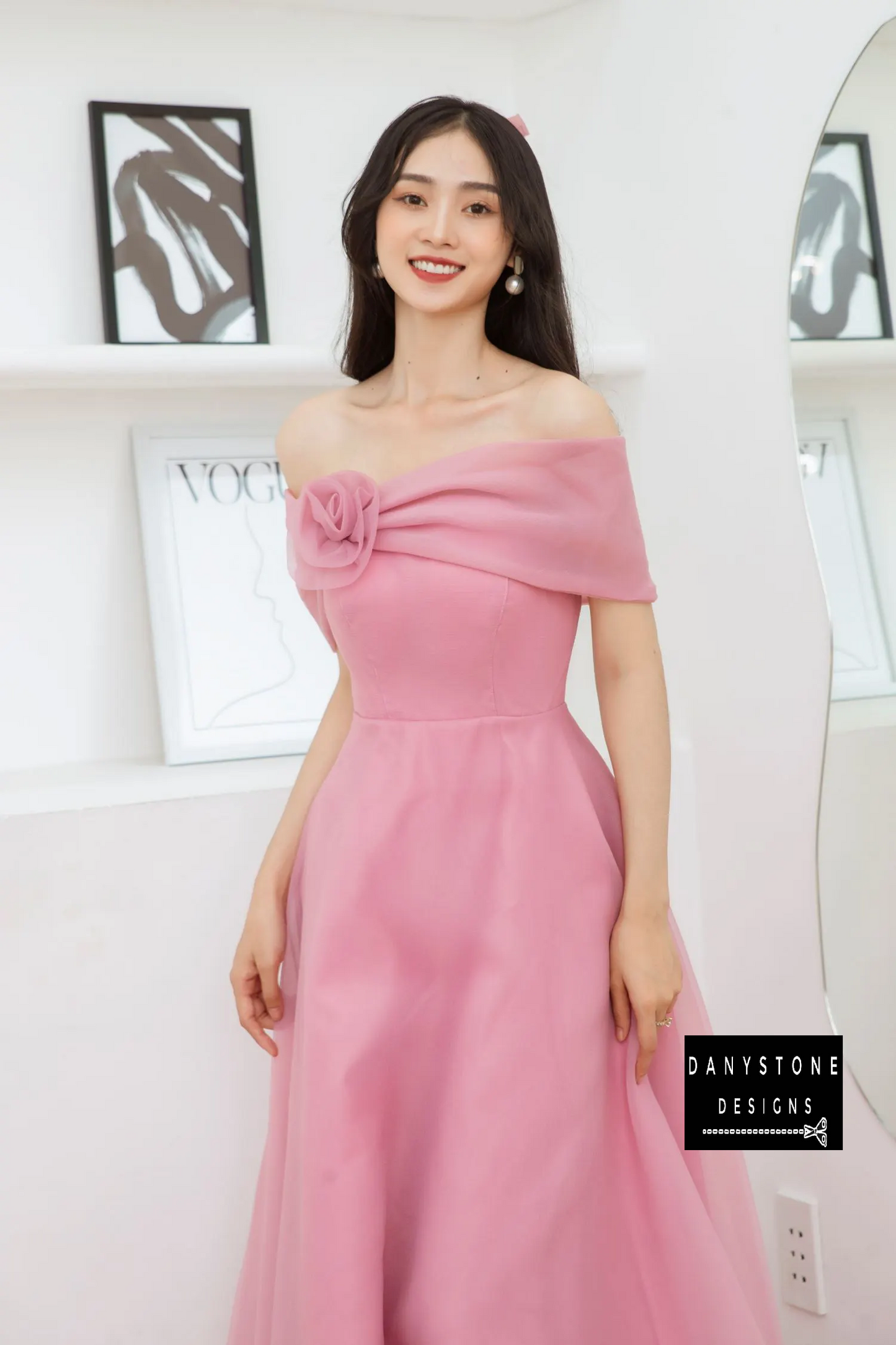 Full-Length View of Bride in Pink Foam Wedding Dress