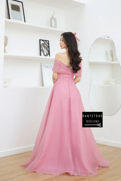 Back View of Pink Off-the-Shoulder Foam Wedding Dress