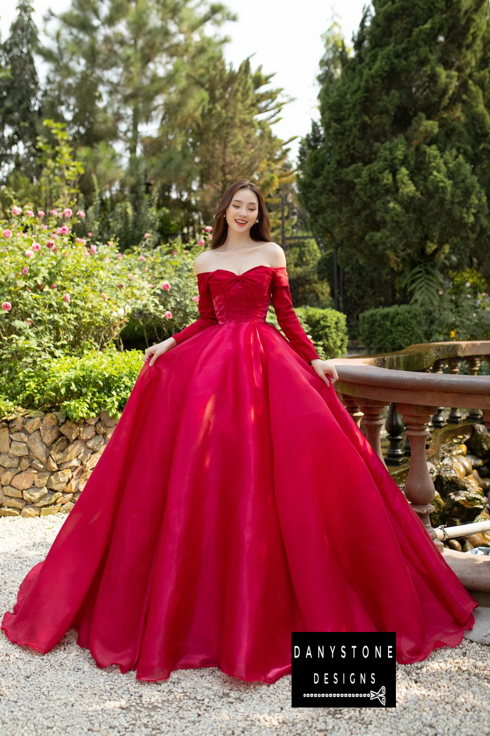 Bride in Crimson Off-the-Shoulder Silk Wedding Dress with Long Sleeves