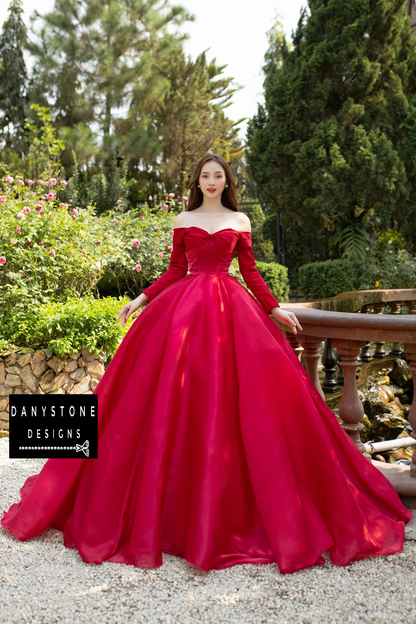 Detailed View of Long Sleeves on Crimson Off-the-Shoulder Wedding Dress