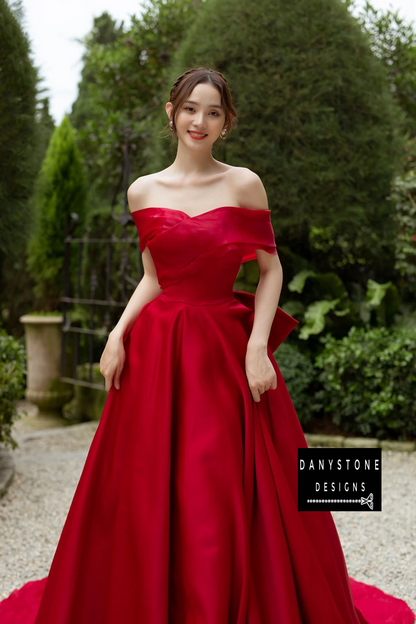 Front View of Bride Wearing Puffy Chiffon Off-the-Shoulder Wedding Dress