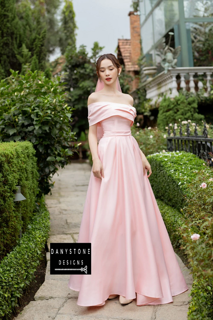 Bride Smiling in Pink Off-the-Shoulder Wedding Dress