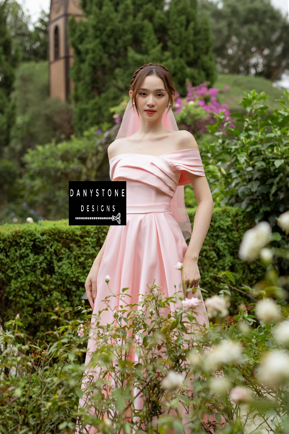 Full-Length View of Bride Wearing Pink Off-the-Shoulder Wedding Dress