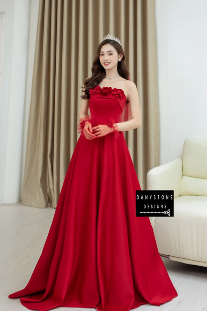 Full-Length View of Bride Wearing Red Off-the-Shoulder Wedding Dress