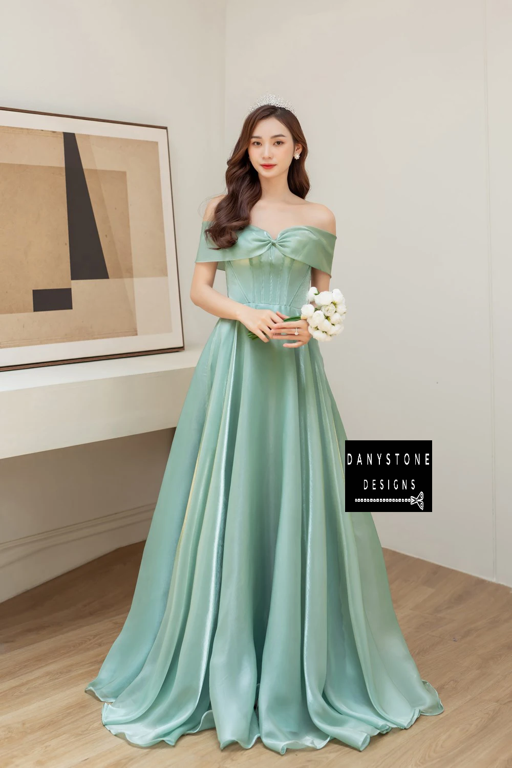 Full-Length View of Bride Wearing Moss Green Silk Wedding Dress