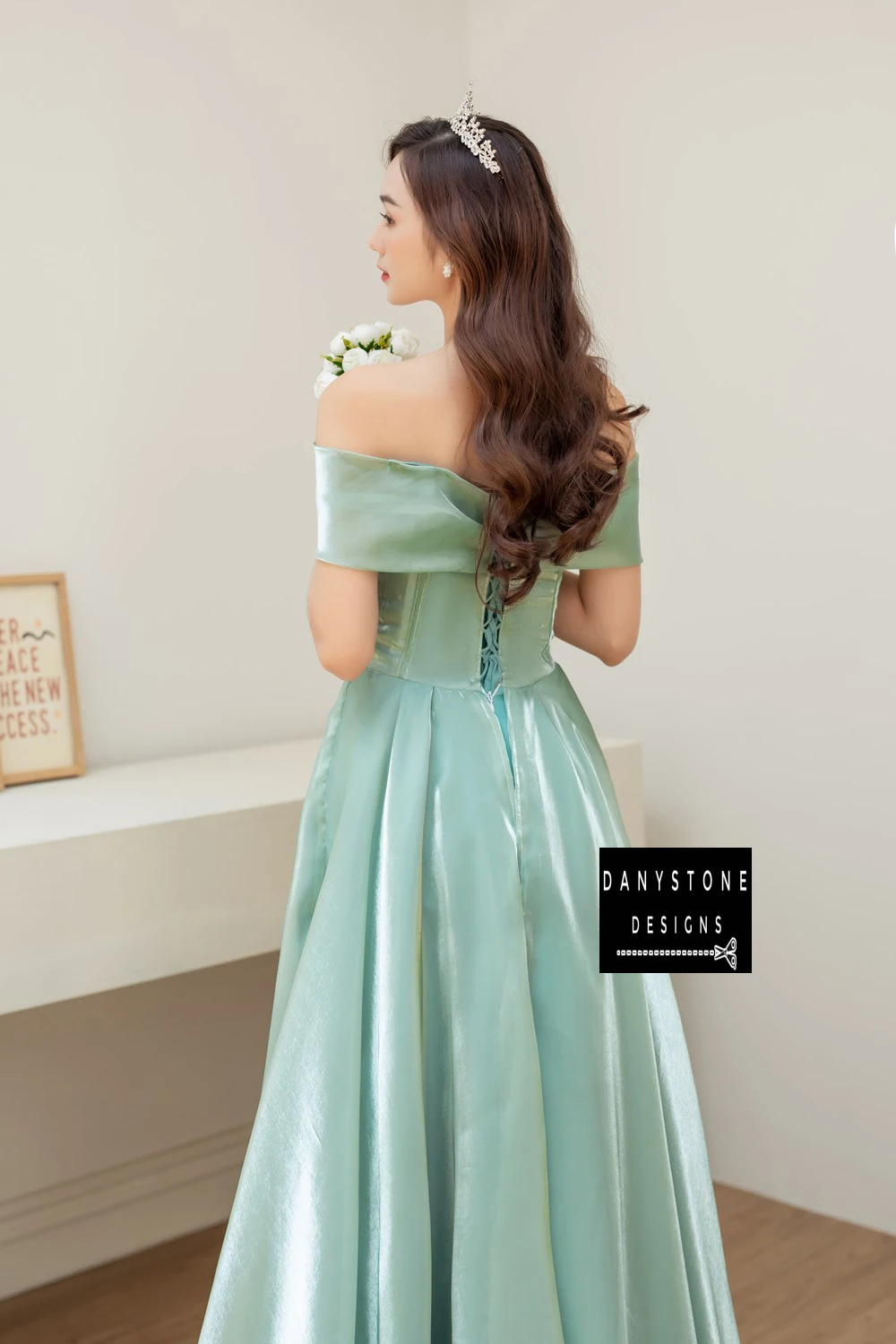 Back View of Moss Green Off-the-Shoulder Silk Wedding Dress with Bow