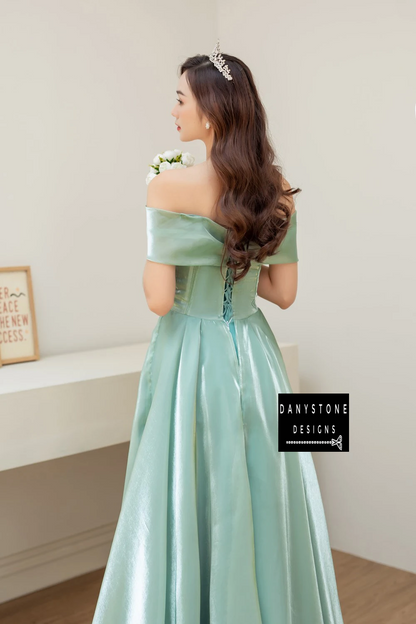 Back View of Moss Green Off-the-Shoulder Silk Wedding Dress with Bow