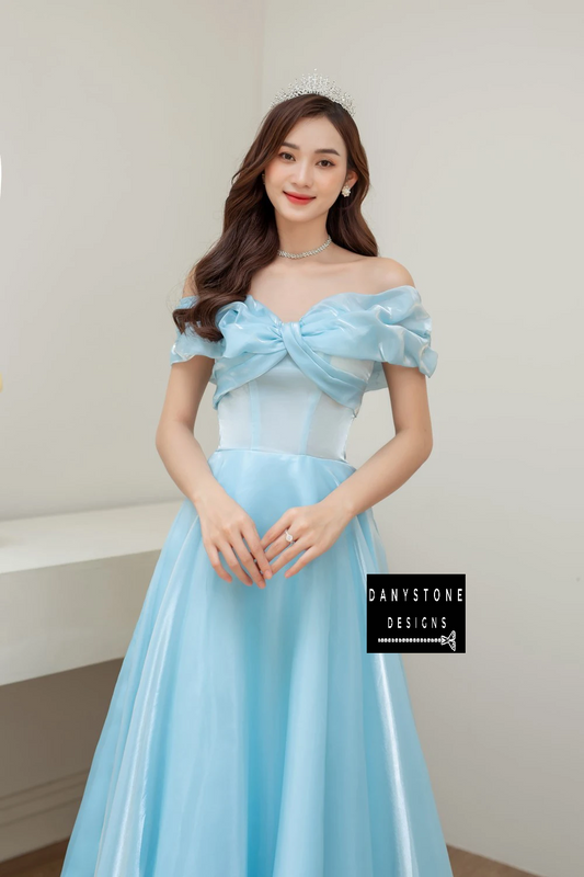 Bride in Blue Off-the-Shoulder Silk Wedding Dress with Diagonal Bow