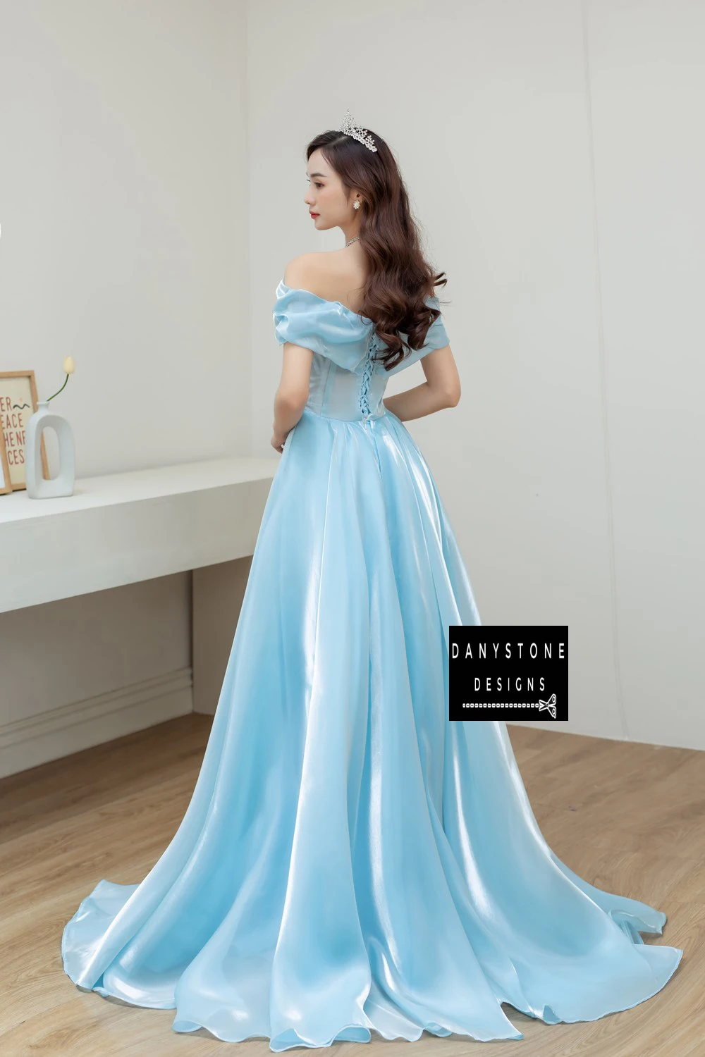 Back View of Blue Off-the-Shoulder Silk Wedding Dress