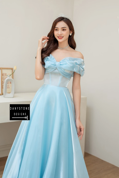 Full-Length View of Bride Wearing Blue Silk Wedding Dress