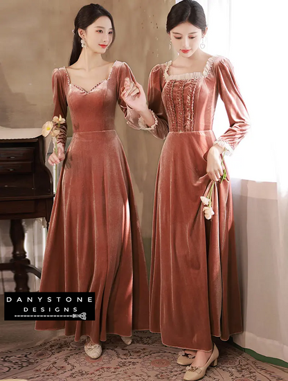 Dusty rose velvet long sleeve bridesmaid dress front view