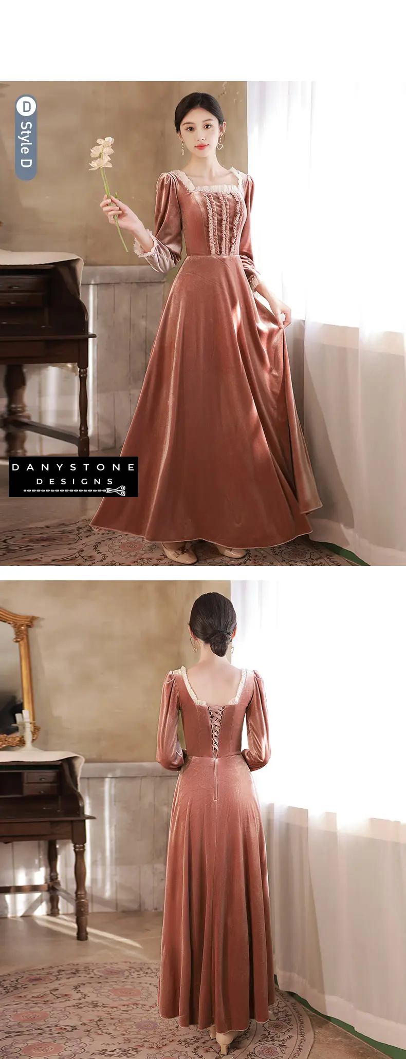 Full view of model in dusty rose velvet banquet dress