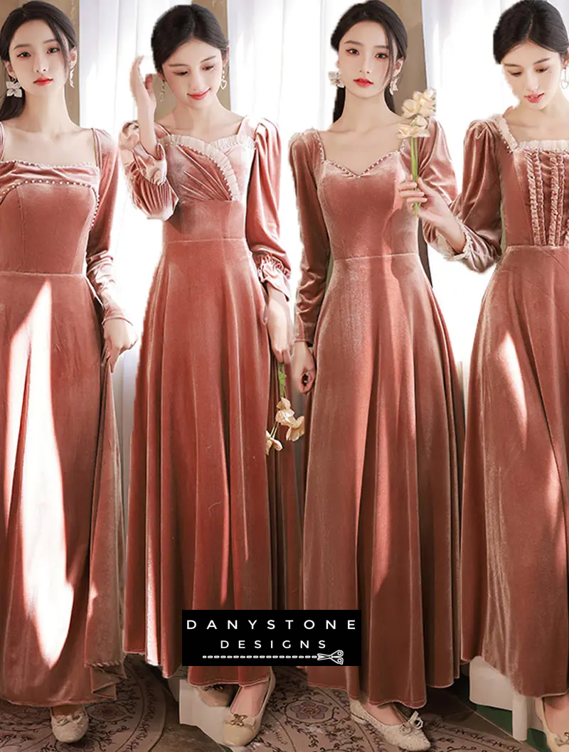 Model wearing dusty rose velvet formal gown