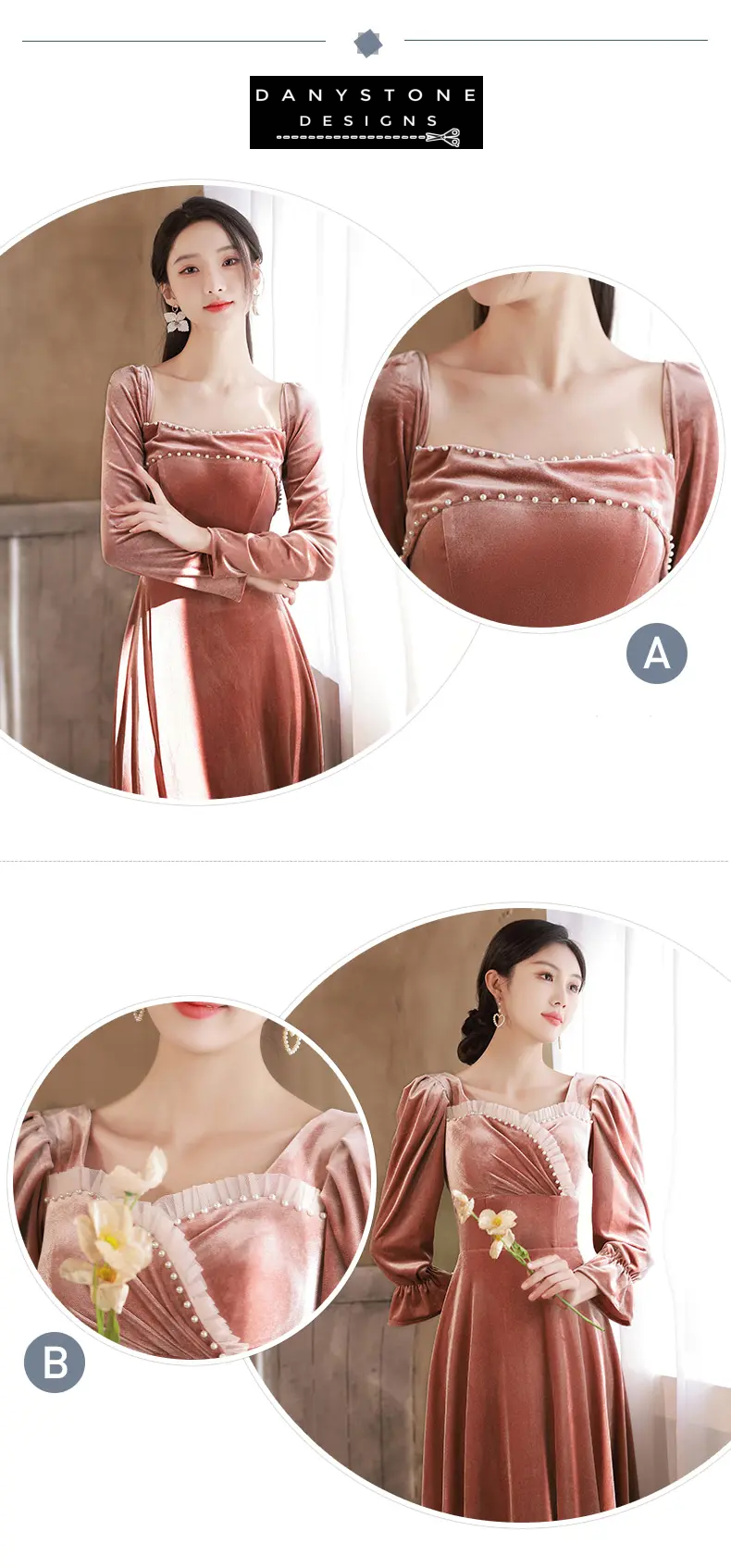 Dusty rose velvet bridesmaid gown close-up