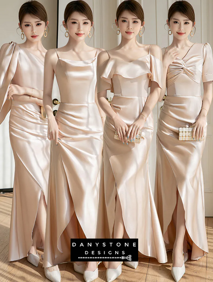 Sweet champagne satin bridesmaid slit dress front view