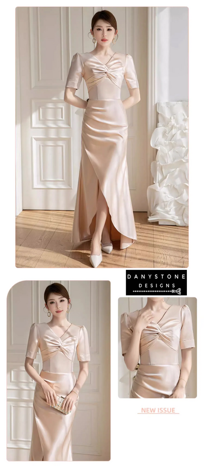 Detailed view of satin dress fabric and slit