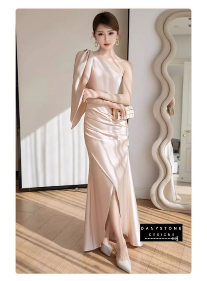 Side profile of champagne satin bridesmaid dress