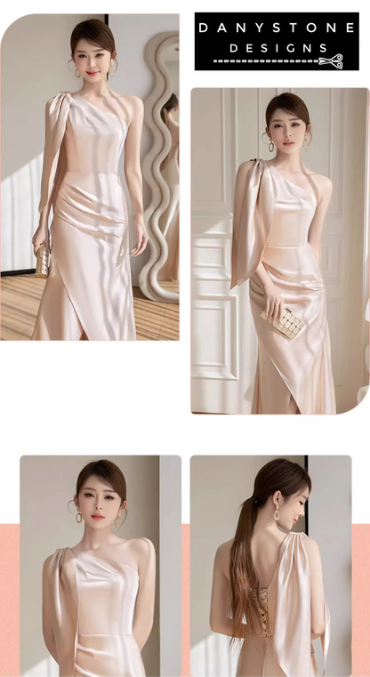 Long satin gown with flowing skirt