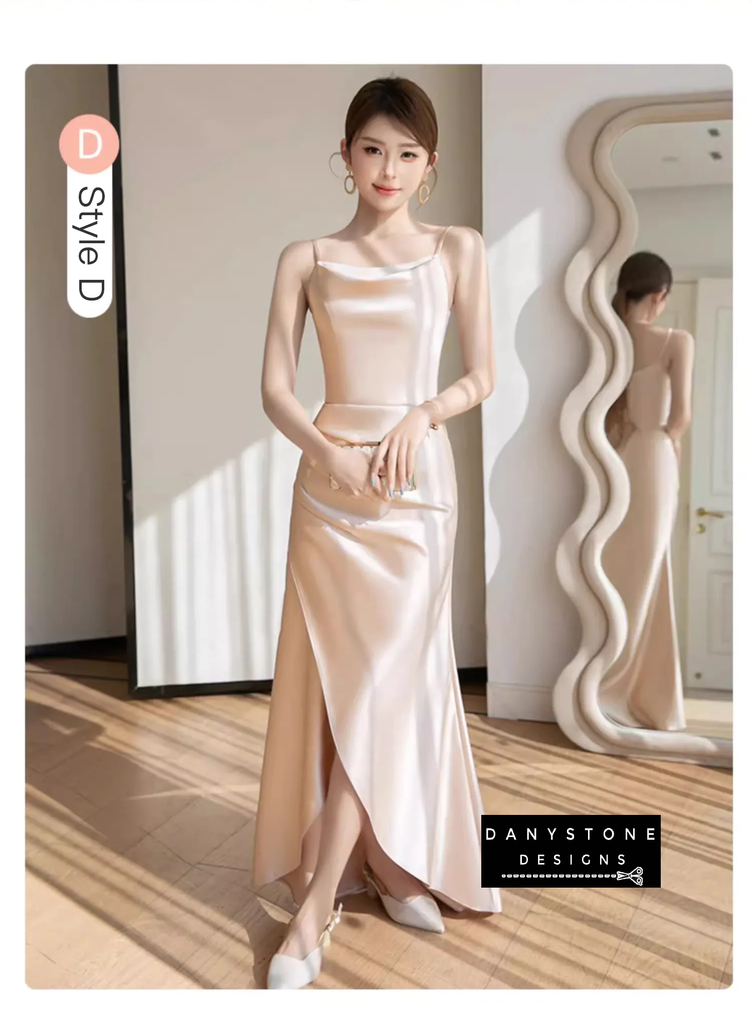 Full view of model in champagne satin banquet dress