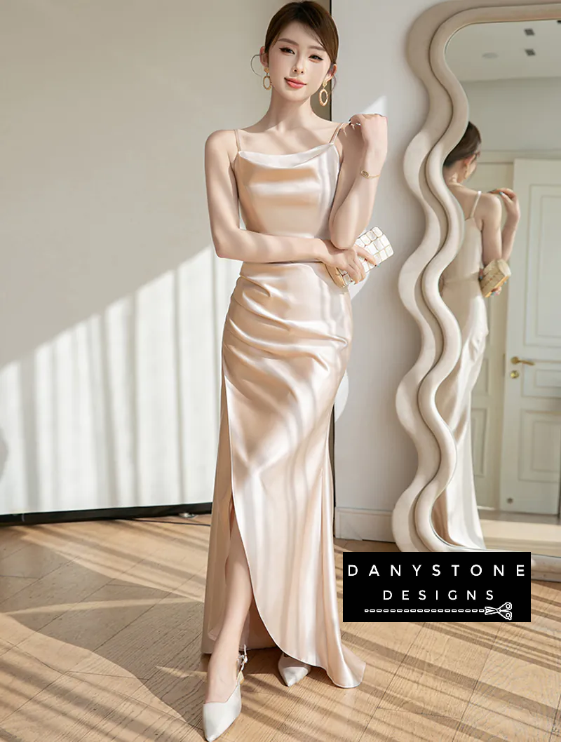 Side view of elegant champagne evening gown